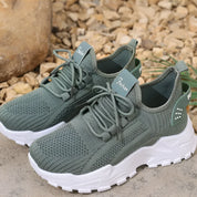 Women's knit trainers with chunky sole and wide toe box in green