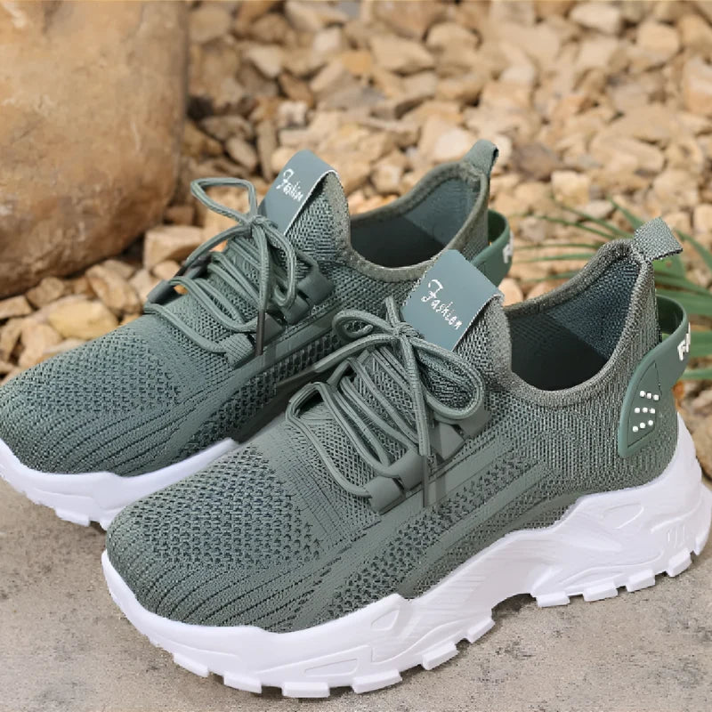 Women's knit trainers with chunky sole and wide toe box in green