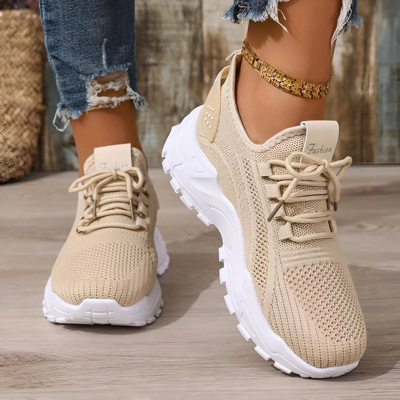 Women's knit trainers with chunky sole and wide toe box in khaki