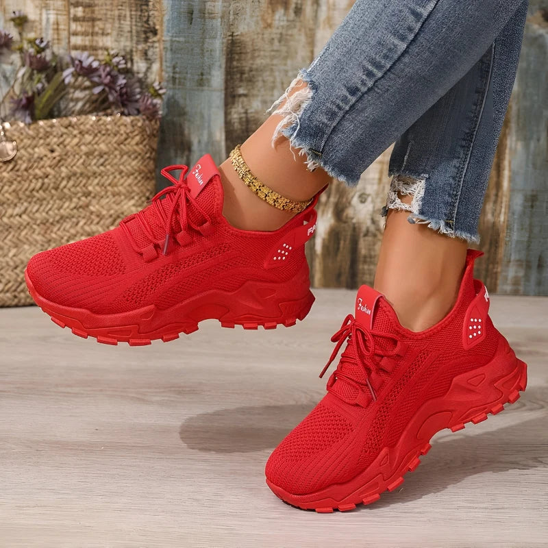 Women's knit trainers with chunky sole and wide toe box in red