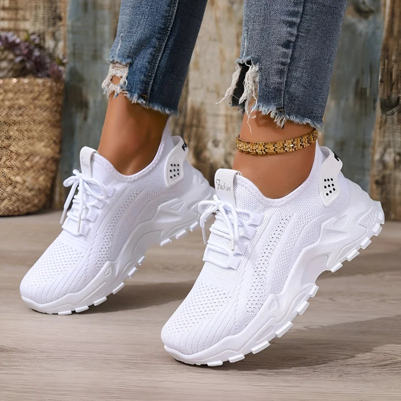 Women's knit trainers with chunky sole and wide toe box in white