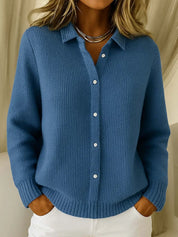 Women's knitted cardigan with collar and button front in blue