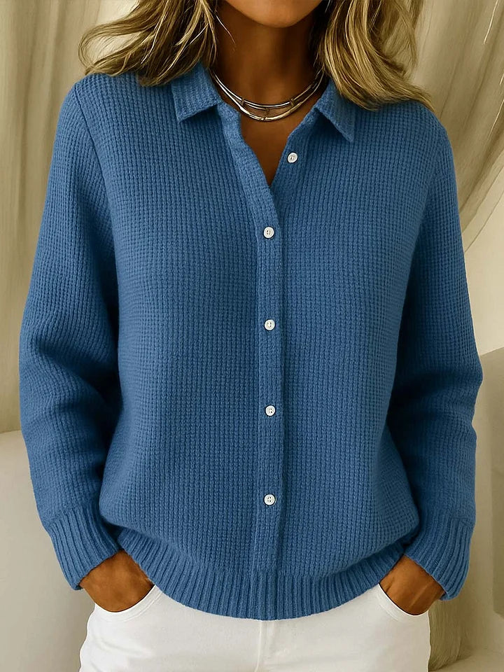 Women's knitted cardigan with collar and button front in blue