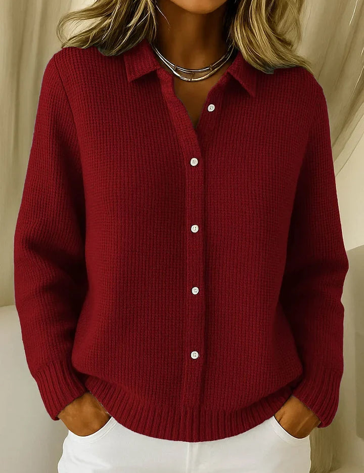Women's knitted cardigan with collar and button front in burgundy