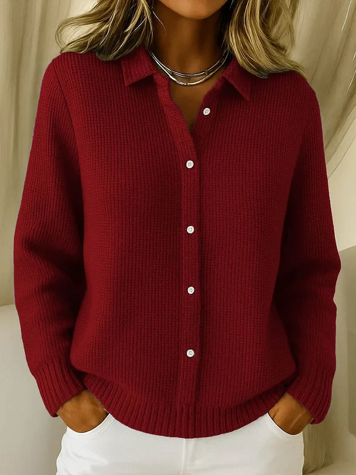 Women's knitted cardigan with collar and button front in burgundy