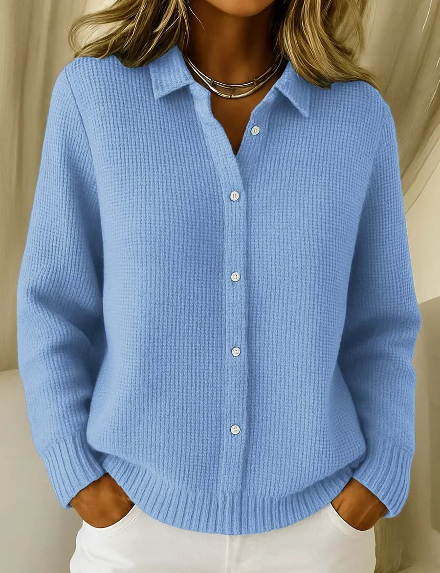 Women's knitted cardigan with collar and button front in light blue