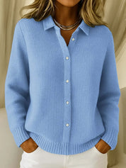 Women's knitted cardigan with collar and button front in light blue