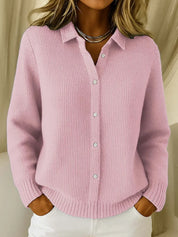 Women's knitted cardigan with collar and button front in pink