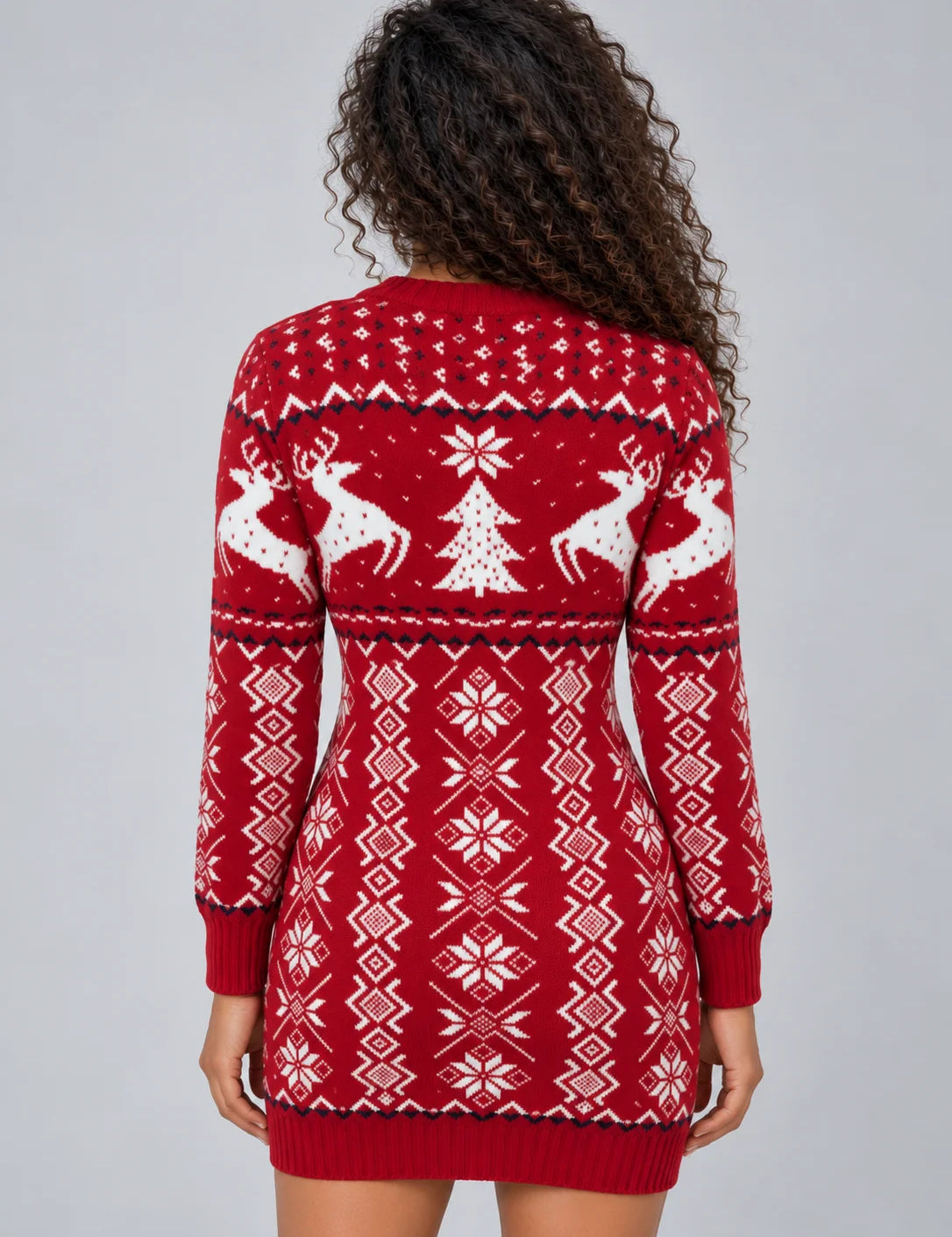 Women's knitted Christmas jumper dress with reindeer pattern
