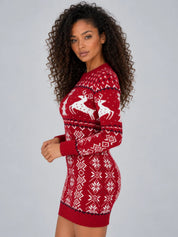 Women's knitted Christmas jumper dress with reindeer pattern