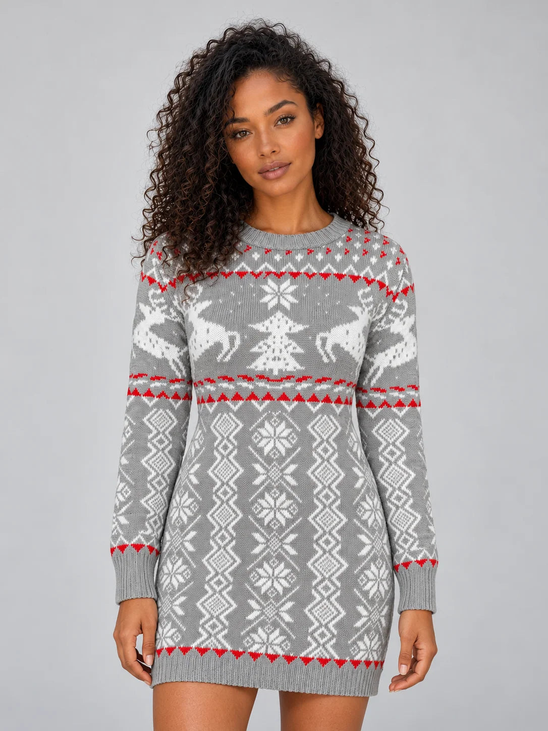 Women's knitted Christmas jumper dress with reindeer pattern in grey