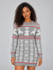 Women's knitted Christmas jumper dress with reindeer pattern in grey