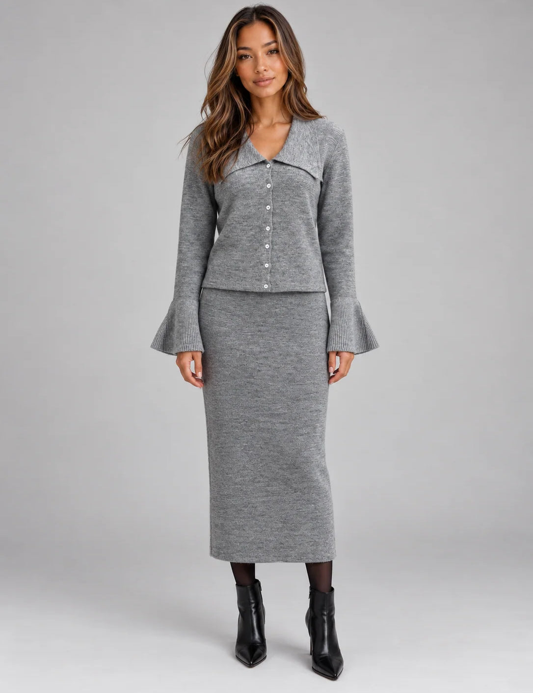 Women's knitted co-ord set with button cardigan and midi skirt in grey