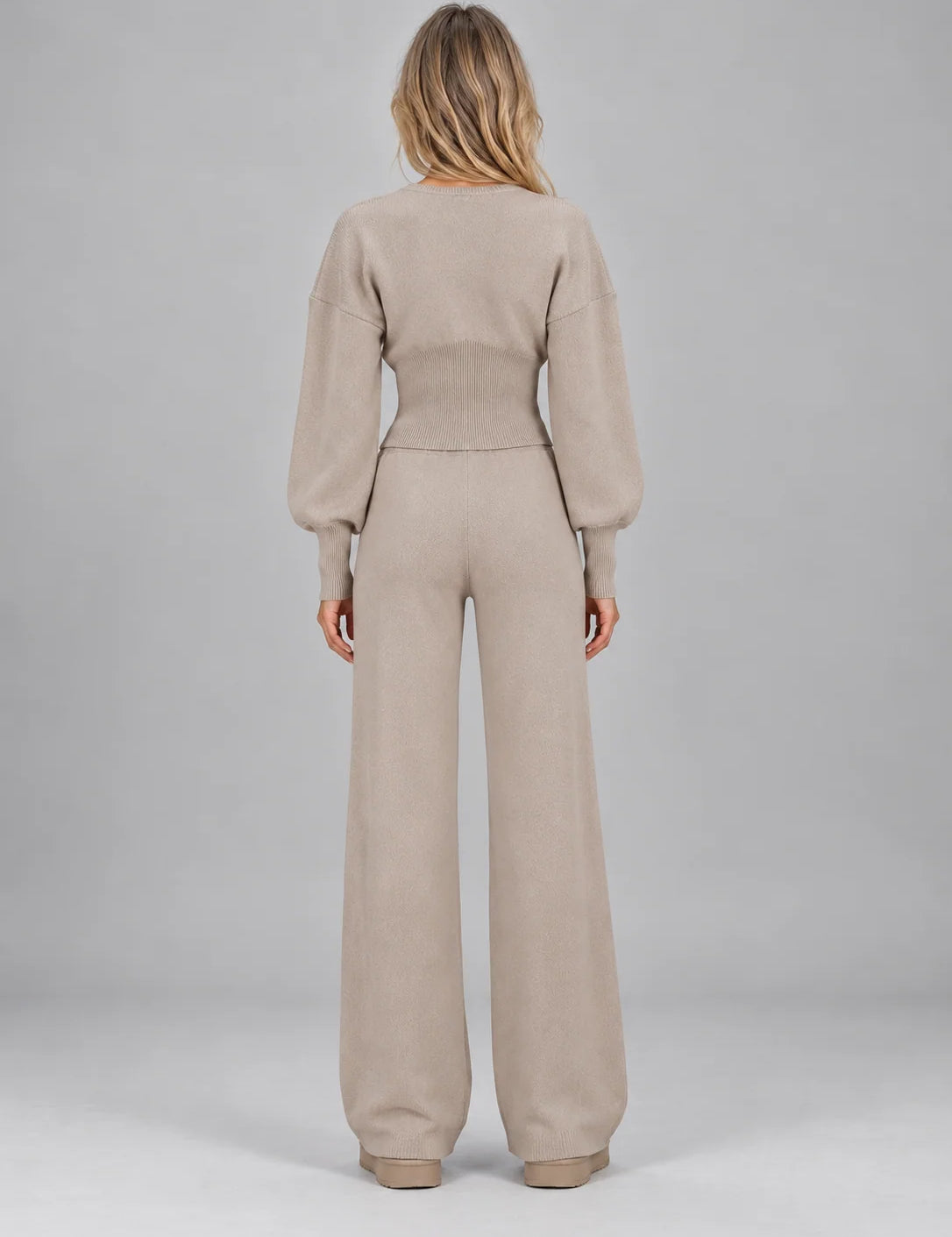 Women's knitted co-ord set with zip cardigan and wide leg trousers