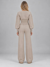 Women's knitted co-ord set with zip cardigan and wide leg trousers