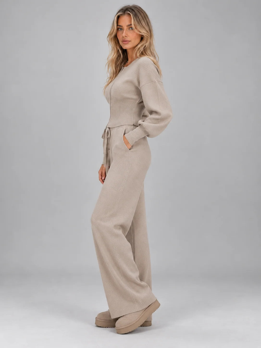 Women's knitted co-ord set with zip cardigan and wide leg trousers
