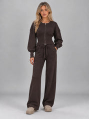 Women's knitted co-ord set with zip cardigan and wide leg trousers in brown