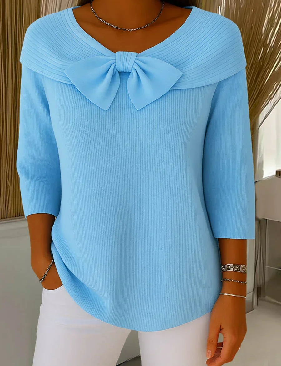 Women's knitted jumper with bow detail in light blue