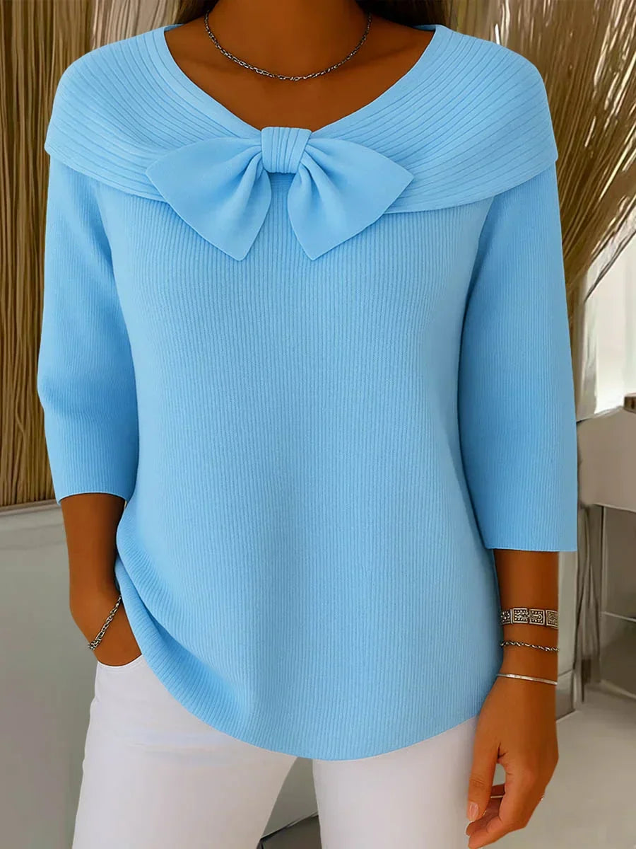 Women's knitted jumper with bow detail in light blue