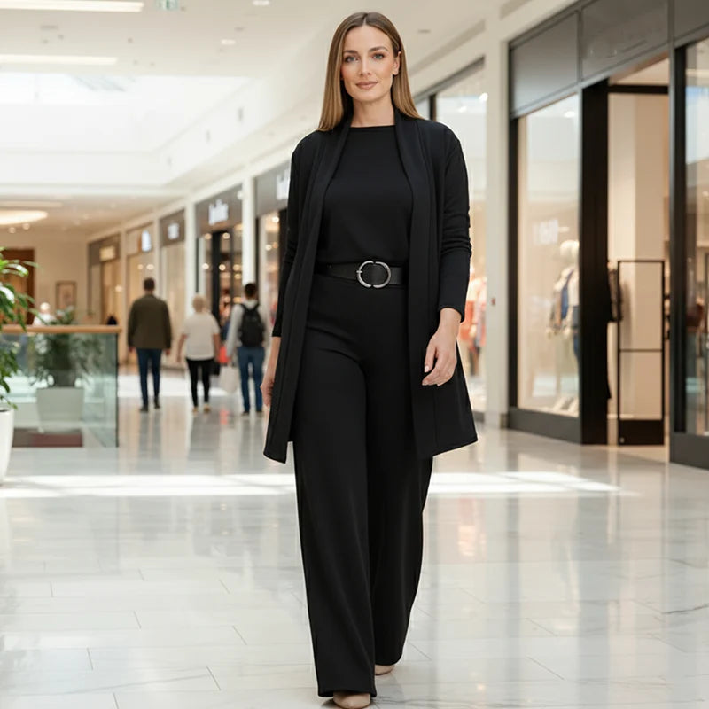 Women's knitted three-piece set with long cardigan and trousers in black