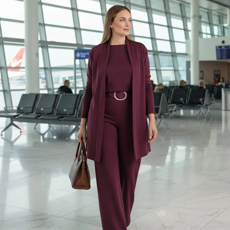 Women's knitted three-piece set with long cardigan and trousers in burgundy