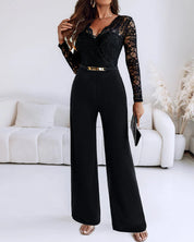 Women's lace jumpsuit with V-neck and long sleeves