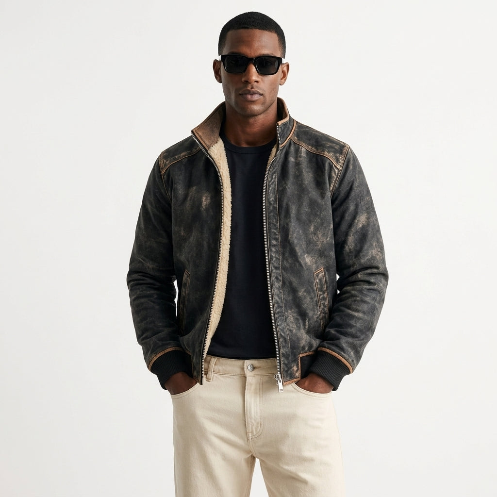 Men's leather-look jacket with teddy lining