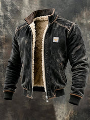 Men's leather-look jacket with teddy lining in black