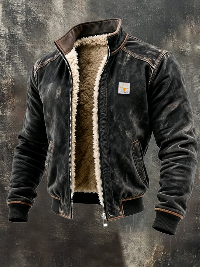 Men's leather-look jacket with teddy lining in black