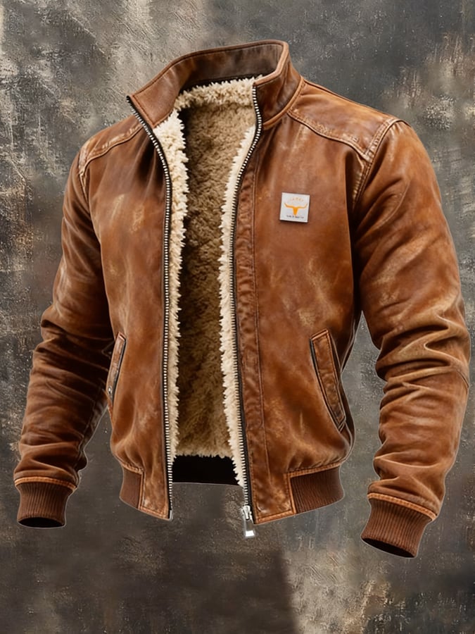 Men's leather-look jacket with teddy lining in brown