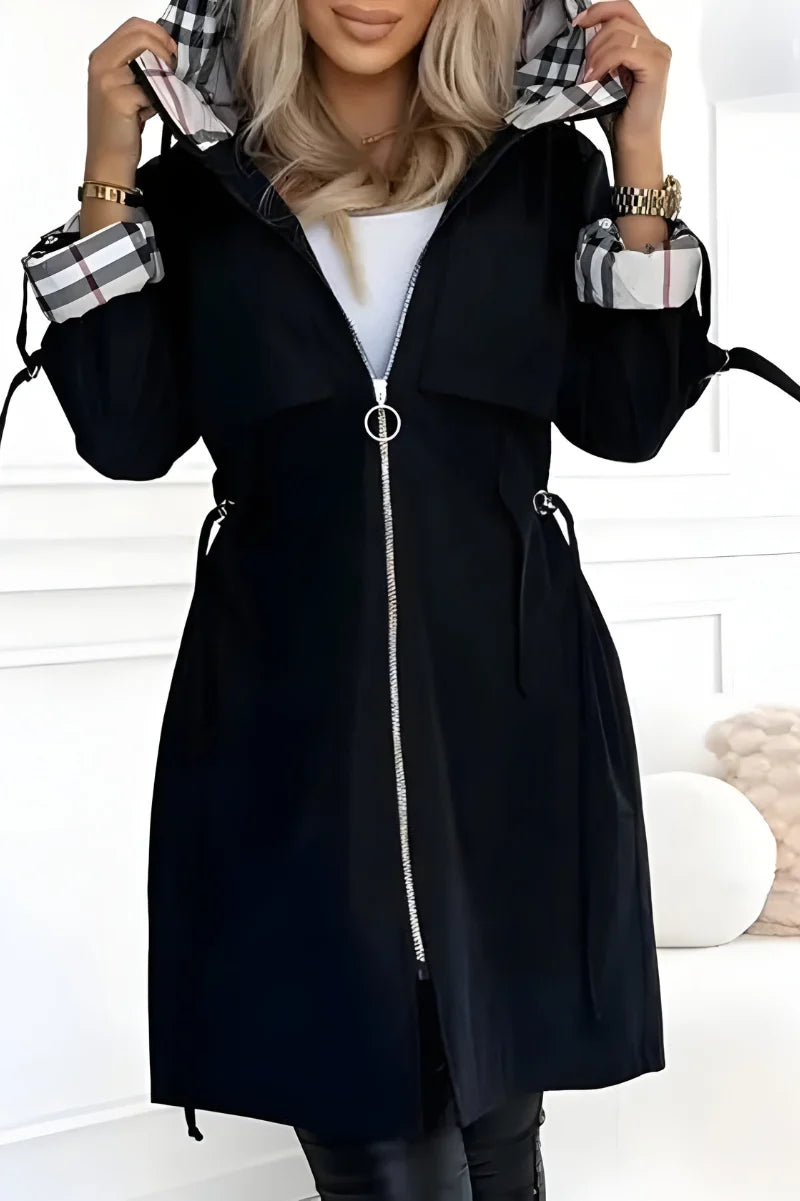Women's lightweight parka with hood and drawstring waist in black