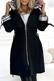 Women's lightweight parka with hood and drawstring waist in black