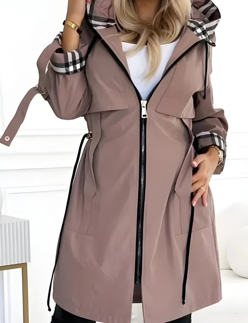 Women's lightweight parka with hood and drawstring waist in brown