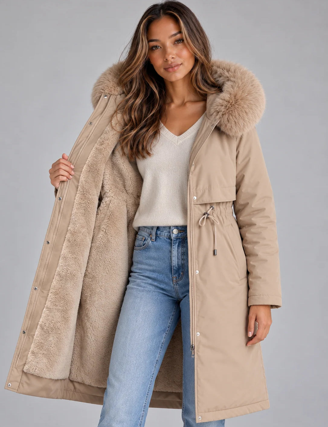 Women's long hooded winter coat with faux fur trim and drawstring