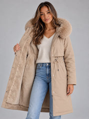 Women's long hooded winter coat with faux fur trim and drawstring