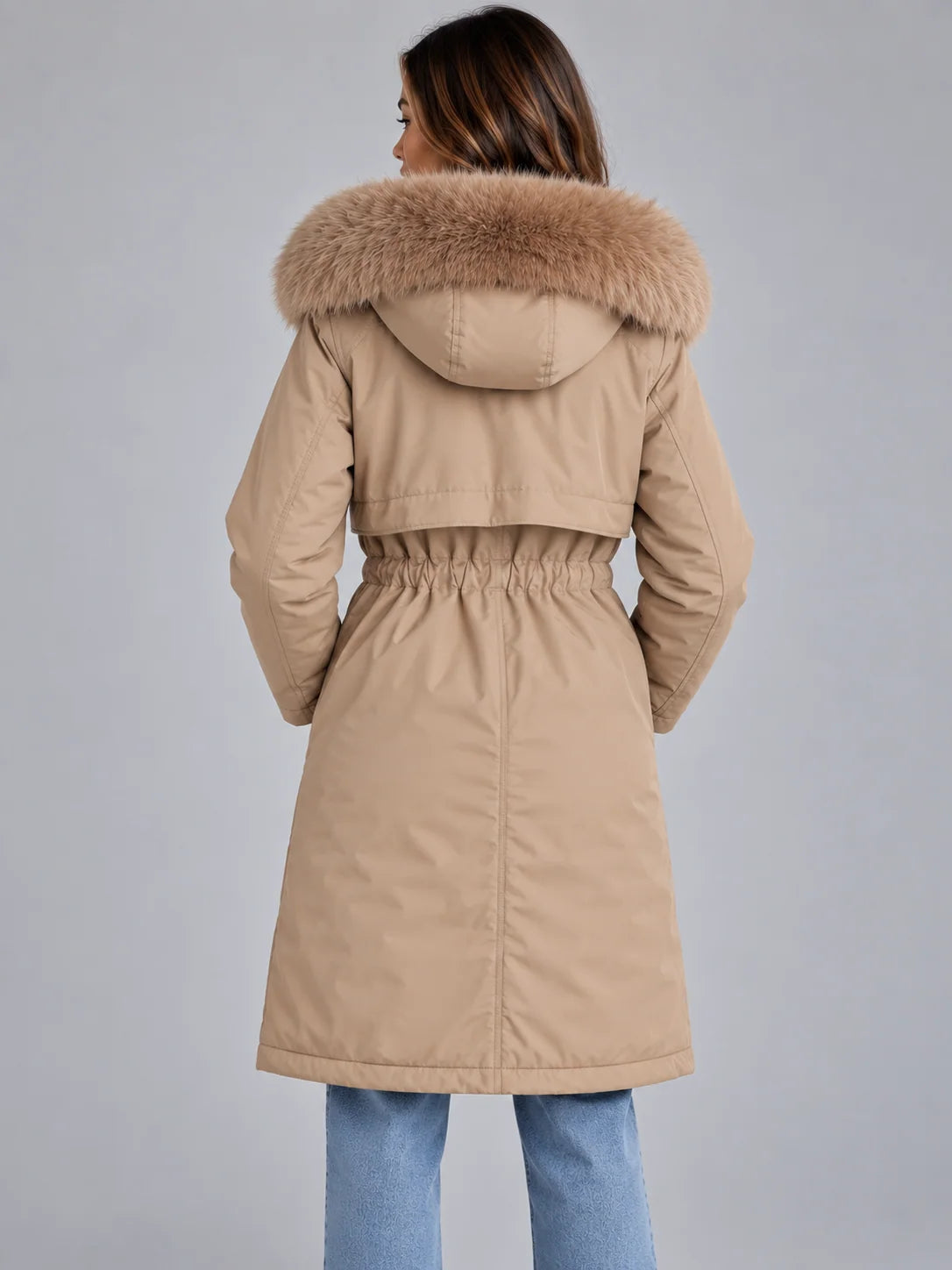Women's long hooded winter coat with faux fur trim and drawstring