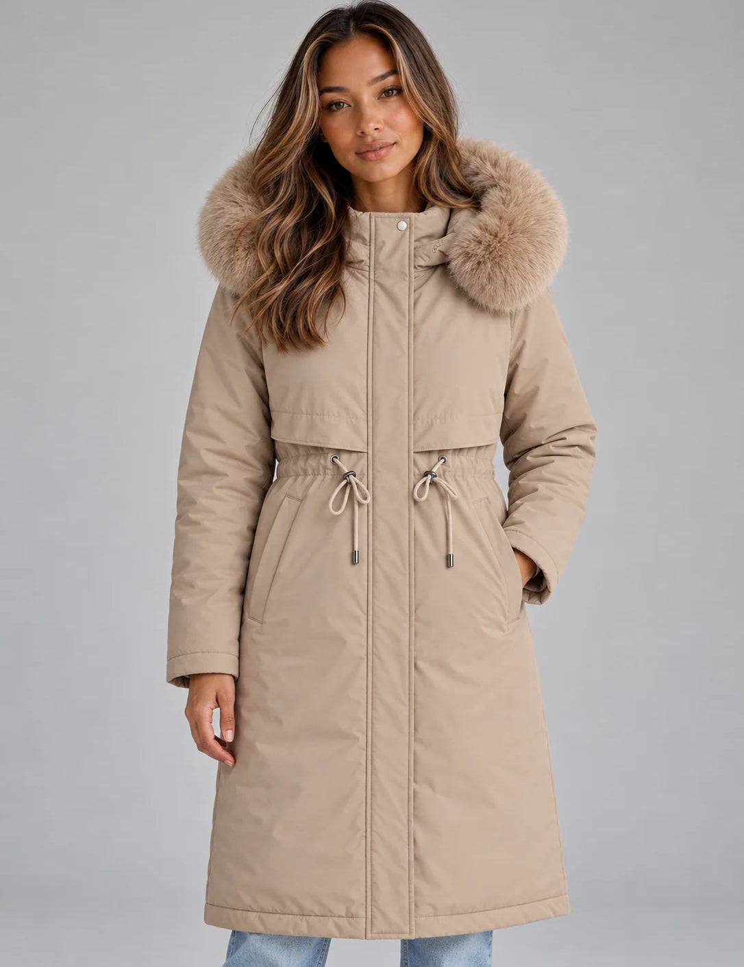 Women's long hooded winter coat with faux fur trim and drawstring in beige