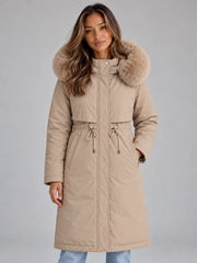 Long hooded winter coat for women with faux fur trim and drawstring