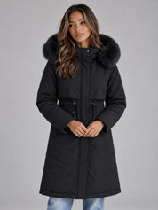 Women's long hooded winter coat with faux fur trim and drawstring in black