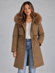 Women's long hooded winter coat with faux fur trim and drawstring in brown
