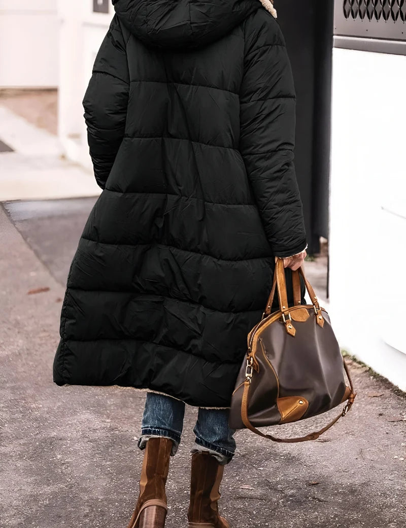 Women's long padded winter coat with hood and teddy lining