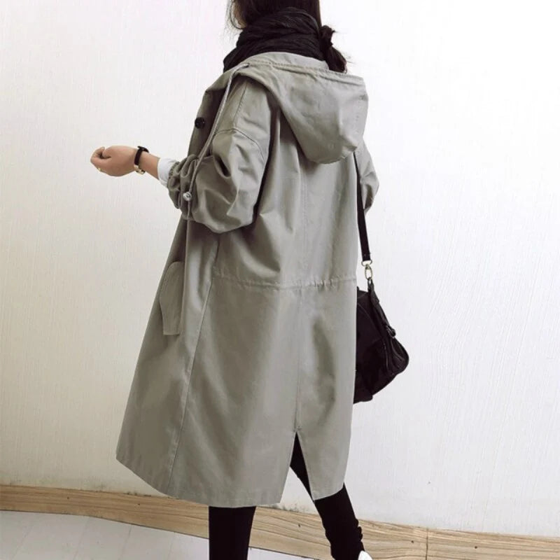 Women's long raincoat with hood and buttons
