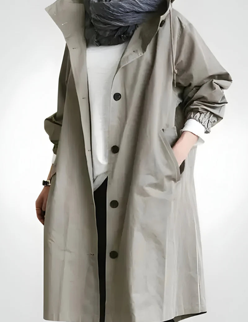 Women's long raincoat with hood and buttons in grey