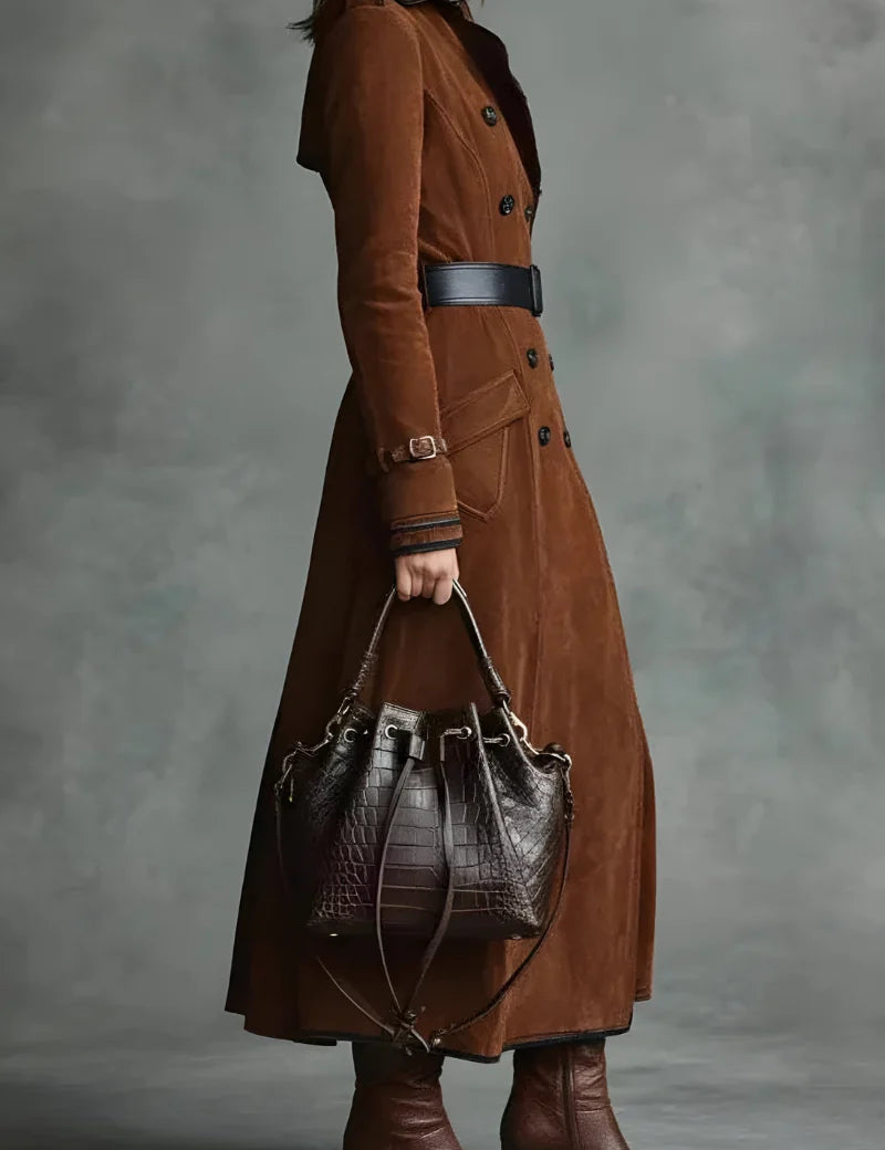 Women's long suede-look trench coat with tailored fit