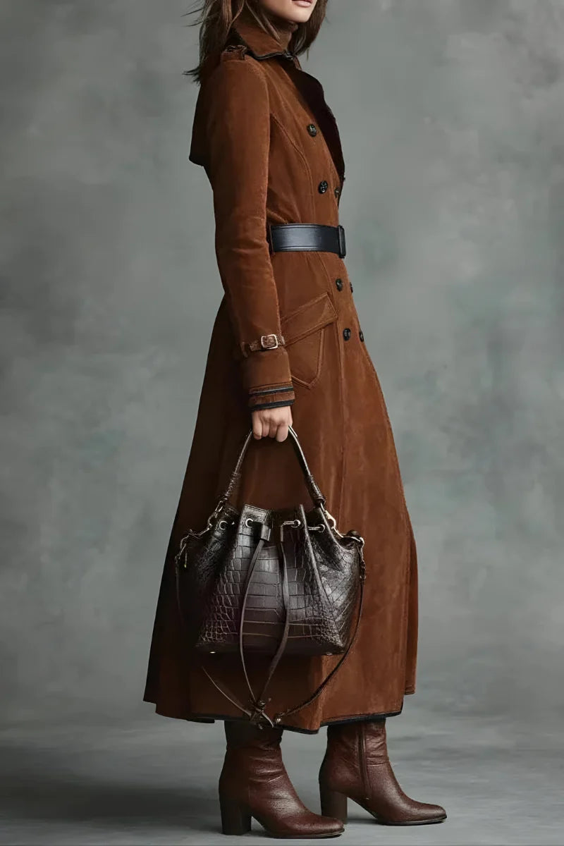 Women's long suede-look trench coat with tailored fit