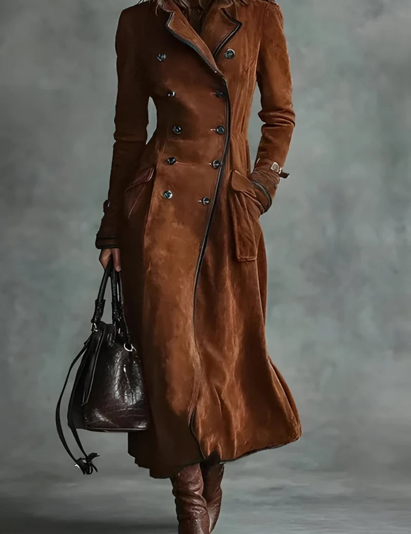 Women's long suede-look trench coat with tailored fit in brown