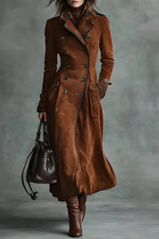 Women's long suede-look trench coat with tailored fit in brown