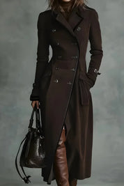 Women's long suede-look trench coat with tailored fit in dark brown
