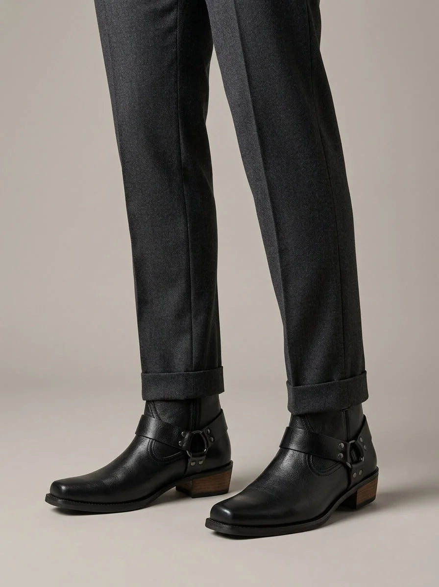 Men's ankle boots with harness strap and block heel, photo 1