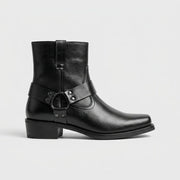 Men's ankle boots with harness strap and block heel